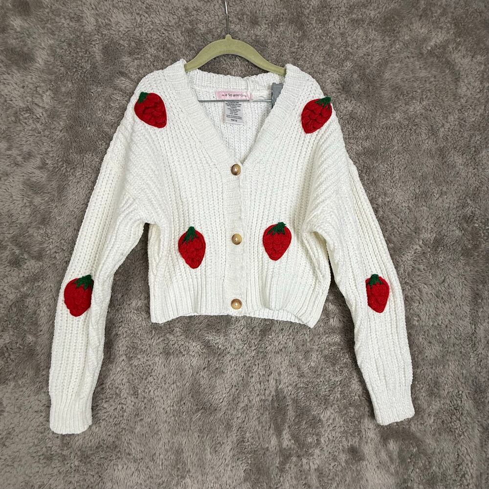 NWT Strawberry Embroider Ribbed White Cardigan Sweater Love Squared Girls 10 12